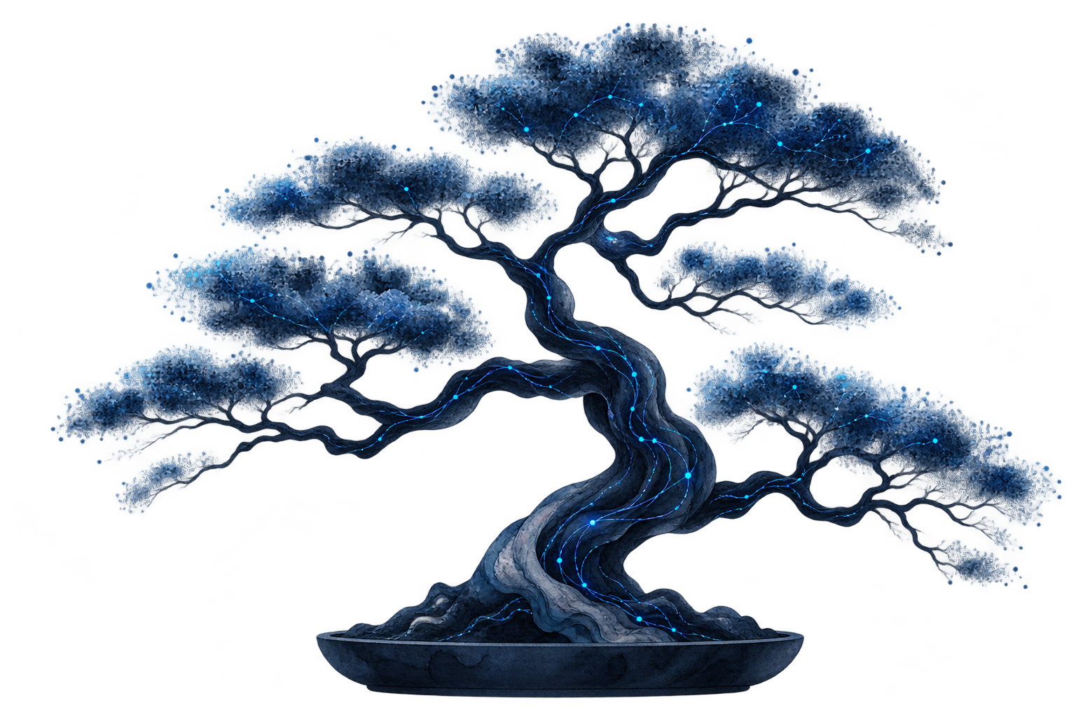 A stylized ink-blue bonsai with luminous neural pathways